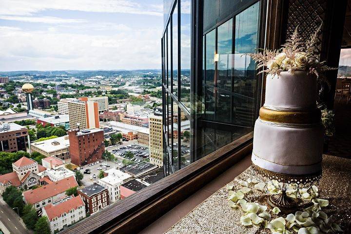 Wedding cake beside window