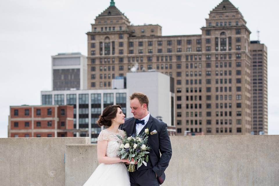 Rooftop bride & groom portrait