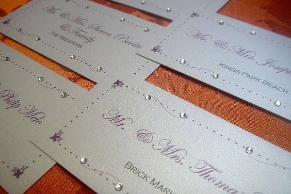 Crystal Flourish Escort Cards ~ Available at http://www.etsy.com/shop/PrettyStationeryShop