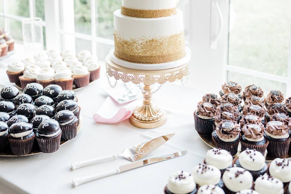 2 tier white gold wedding cake