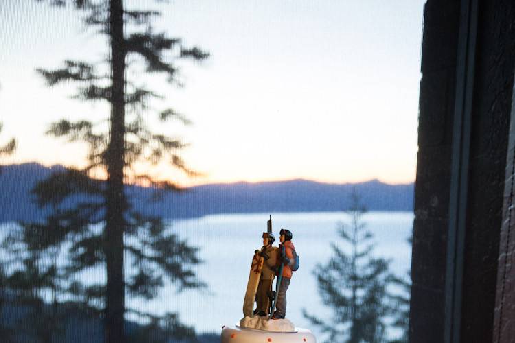 Bride and groom sunset photos from Heavenly's Lakeview Lodge located at the top of the Aerial Tram.