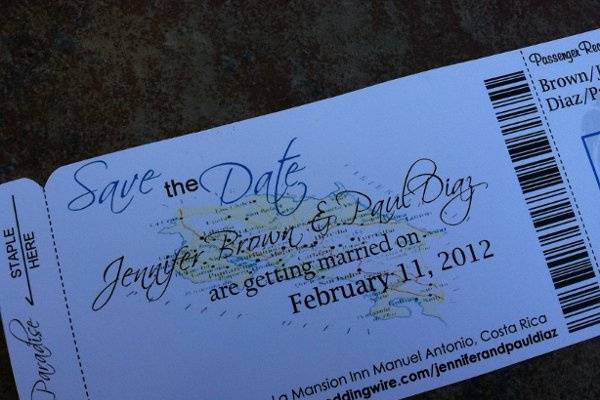 Costa Rica Map Boarding Pass Invitation or Save the Date