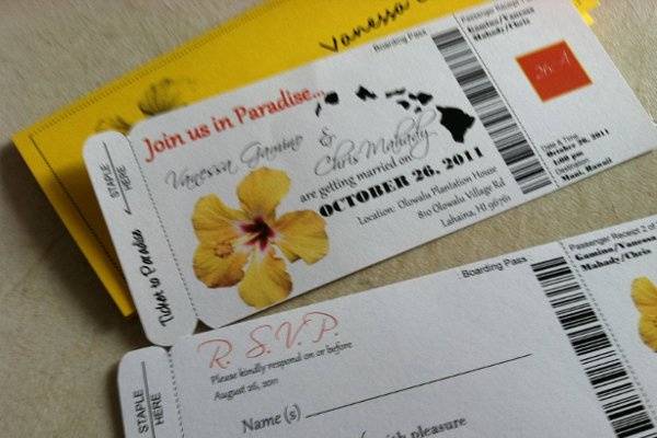 Hawaii (Yellow Hibiscus) Boarding Pass Invitation or Save the Date