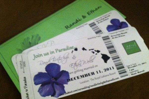 Hawaii (Purple Hibiscus) Boarding Pass Invitation or Save the Date