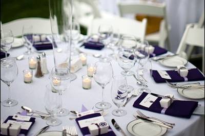 Duba Wedding.  Reception Table using accents of purple