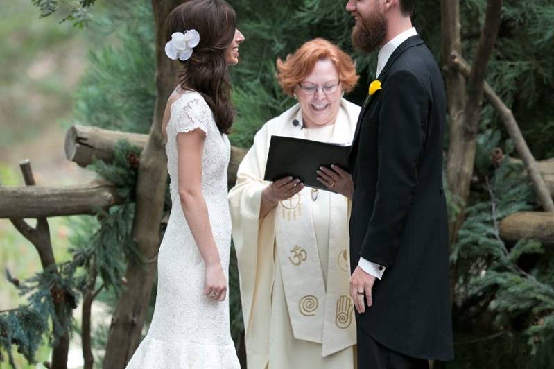 Rev. Judy Miller-Dienst officiating the outdoor wedding in Lake Arrowhead, CA, July 12, 2012.