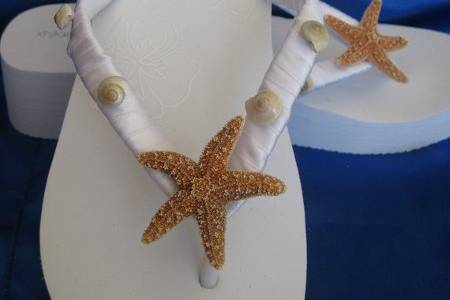 White Wedge Flip Flop with Real Starfish and Shells
