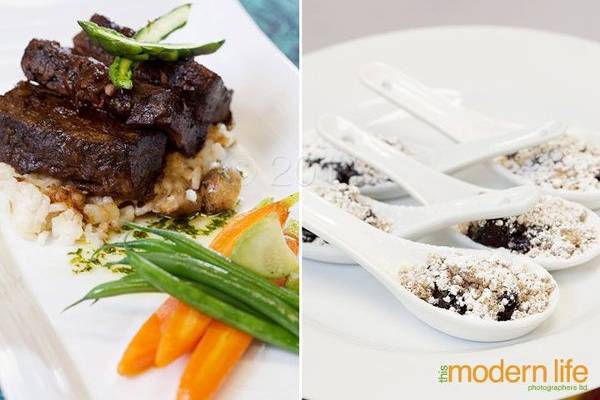 L: red wine braised beef short ribs, wild mushroom risotto, baby vegetablesR: deconstructed blueberry crisp