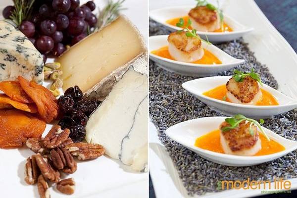 L: gourmet cheese and fruit platterR: 