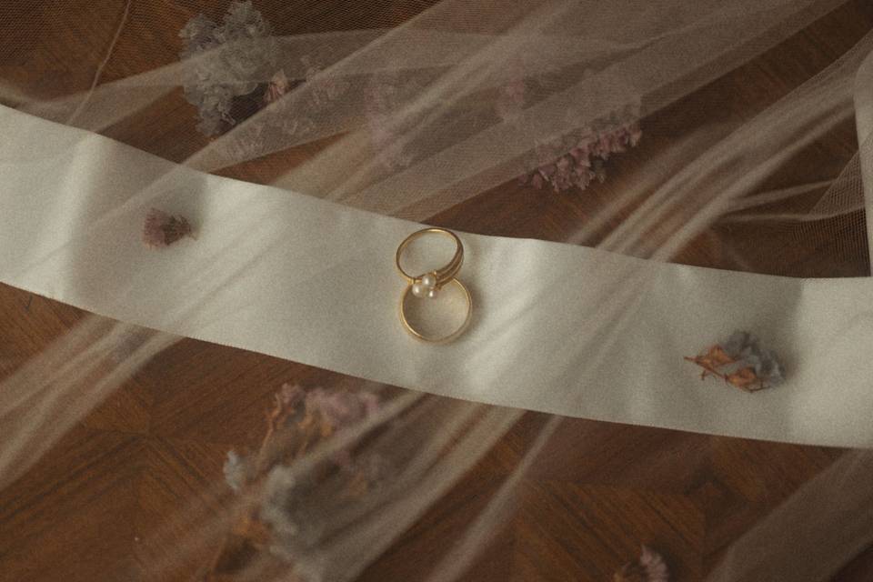 Two wedding rings on ribbon.