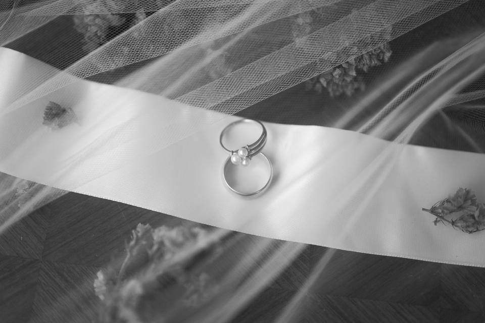 B&W wedding rings on ribbon.