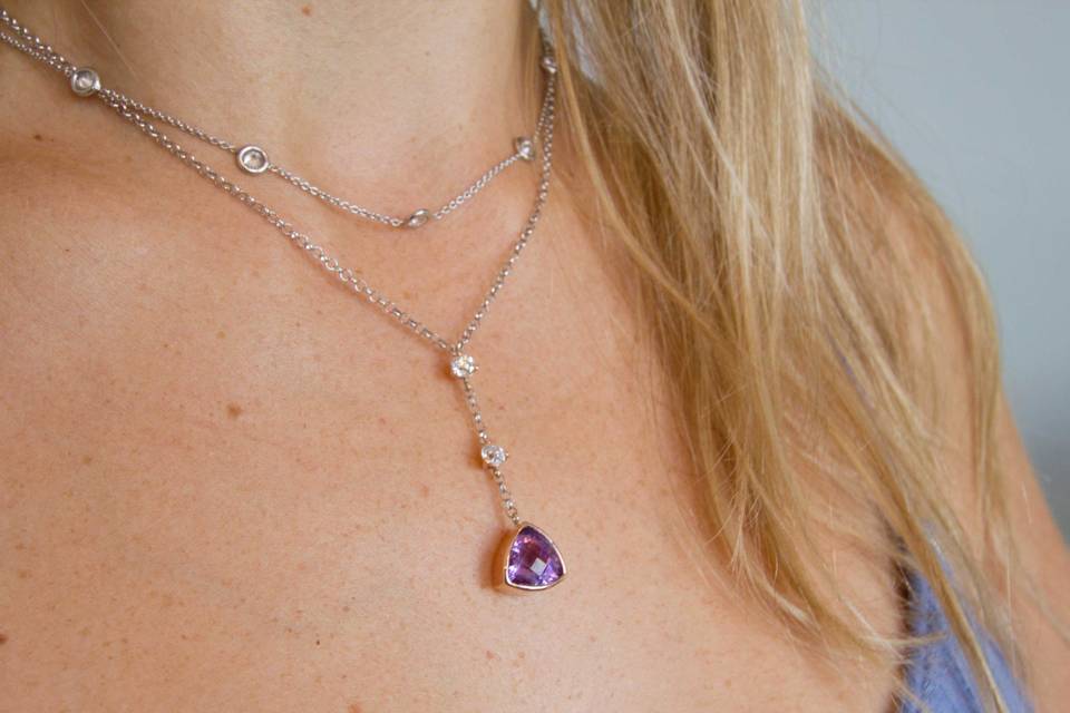 Custom made Amethyst and Old Mine Cut diamond necklace, set in Platinum and Rose gold.