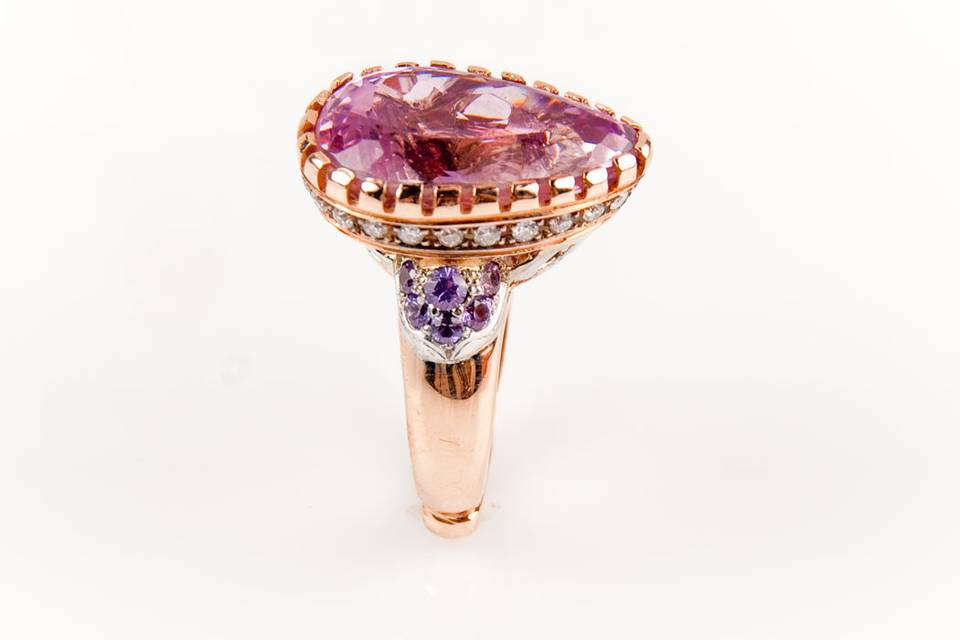 Pear shape Kunzite, purple Sapphire and Diamond ring.
