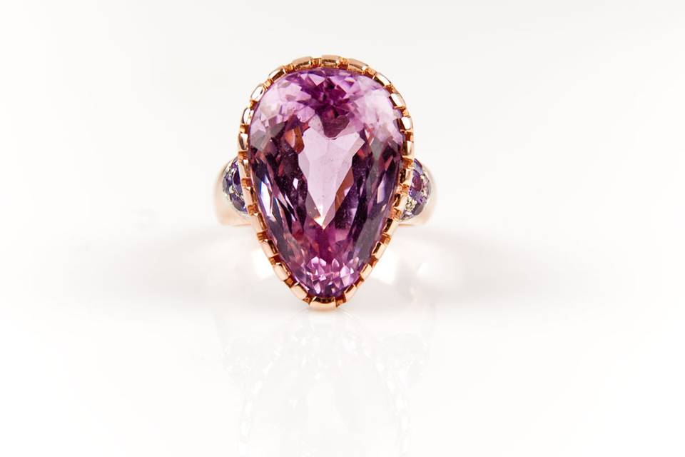 Top view of this 16 carat Kunzite ring set in 14K Rose gold