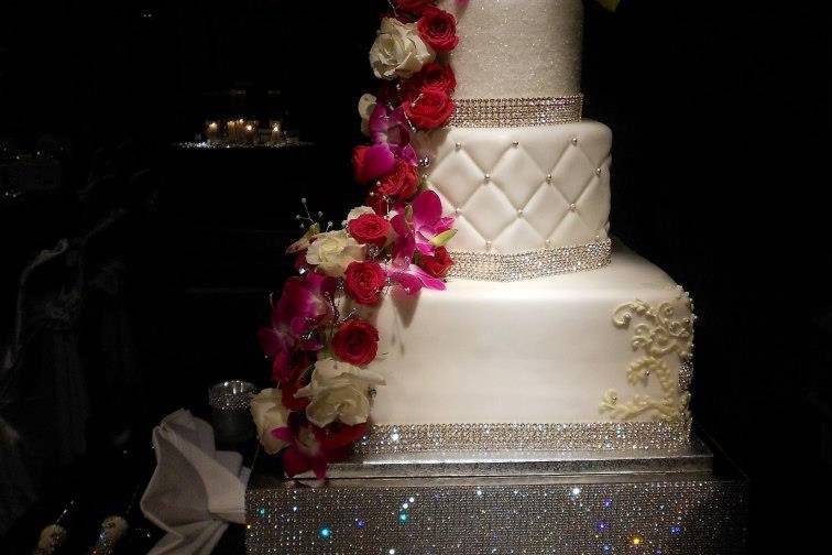 Bling cake /w pink flower cascade.