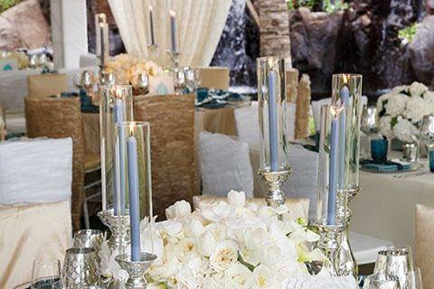 Floral centerpiece and glassware