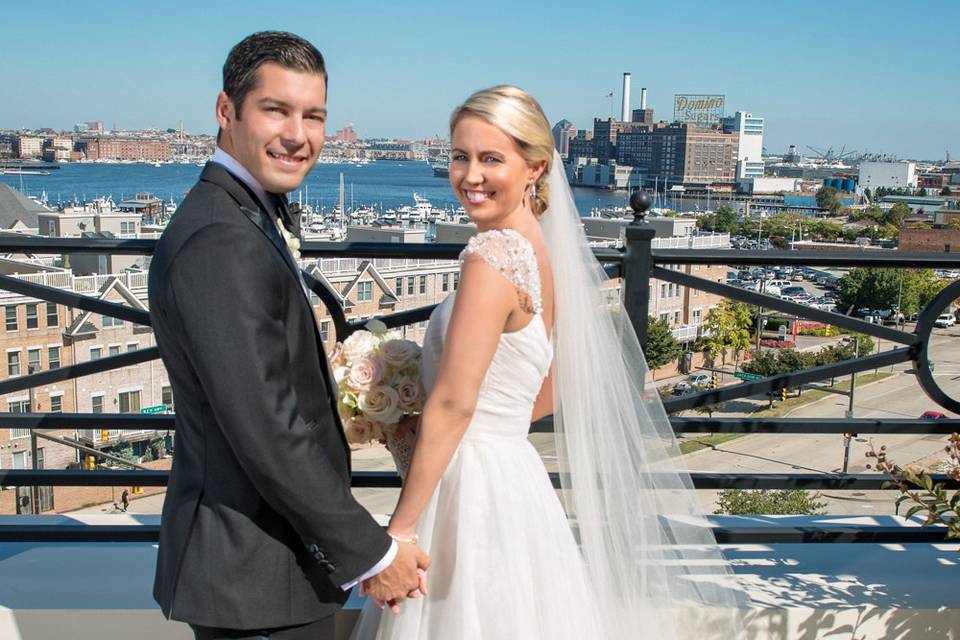 Overlooking the Baltimore harbor with Domino's Sugar in the background