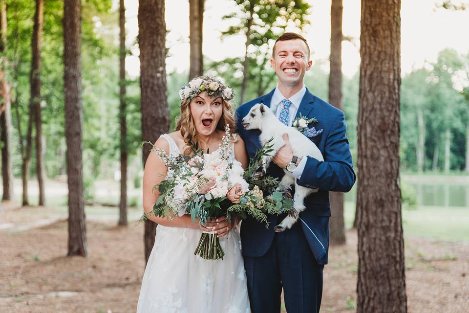 Bride + Groom + Maci the goat