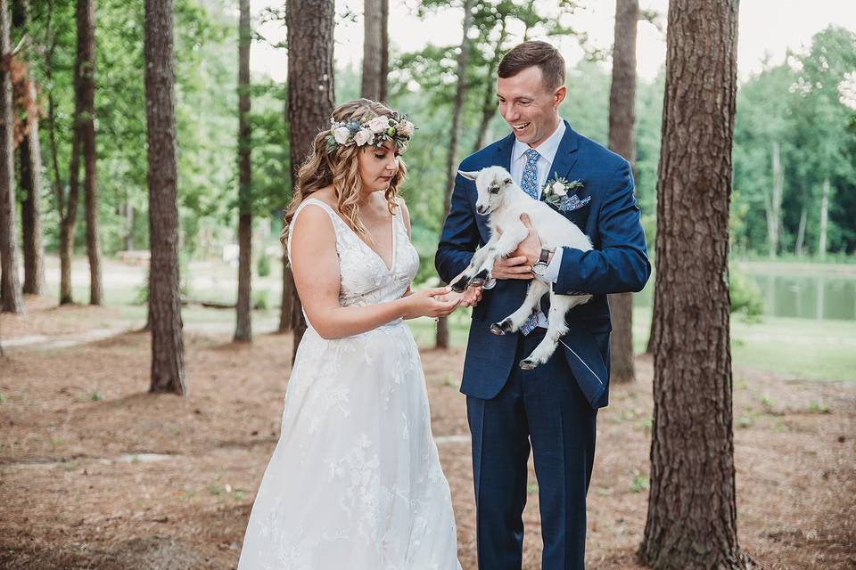 Bride + Groom + Maci the goat