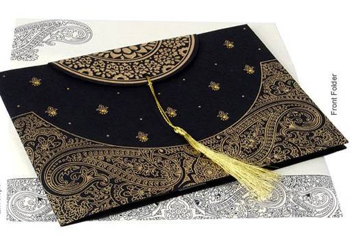Black & Gold invitation with paisly design. Indian invitation, South asian invitation, Pakistani invitations.