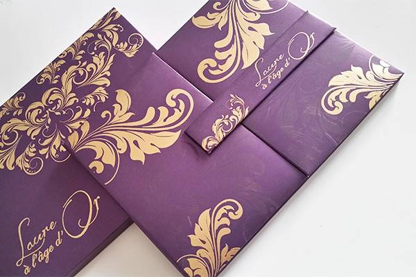 Silk / Satin folio or box invitations. Customizing the invitations in your color, theme and more details please call us at 301-874-2785. More products or available at www.colorprintoutlet.com