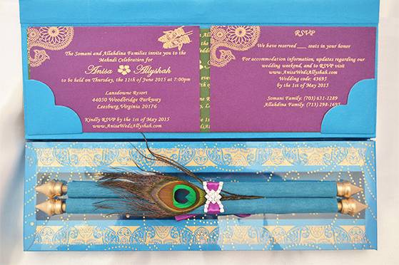 Peacock theme scroll invitations. Customizing the invitations in your color, theme and more details please call us at 301-874-2785. More products or available at www.colorprintoutlet.com