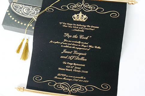 Royal scroll invitations for birthday, baby shower, 25th, 50th, Anniversaries & parties invitations. Customizing the invitations in your color, theme and more details please call us at 301-874-2785. More products or available at www.colorprintoutlet.com