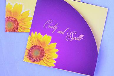 Sun flower, summer wedding foil print invitations. Customizing the invitations in your color, theme and more details please call us at 301-874-2785. More products or available at www.colorprintoutlet.com