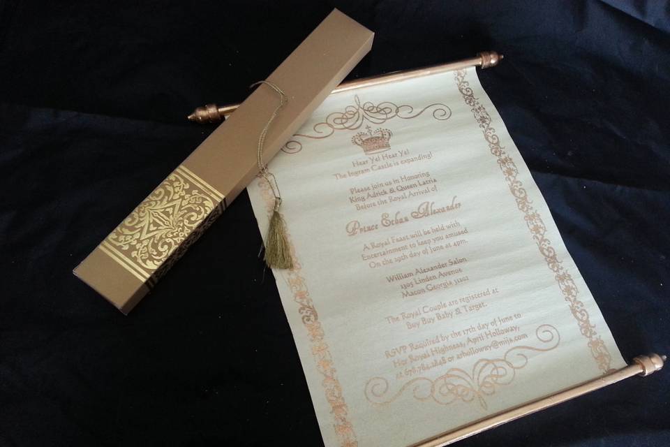 Elegant Prince Scroll Birthday Invitation in Gold and Navy 