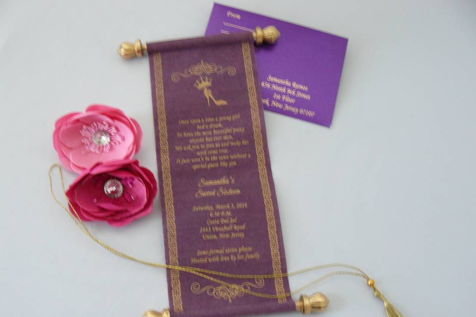 DIY Light Purple Gold Quince Scroll Invitations