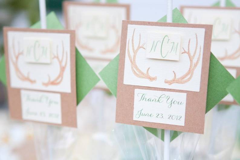 Name cards adorned the porch with a twine line pinned w/ cinnamon clothes line pins in alphabetic order by guests name...