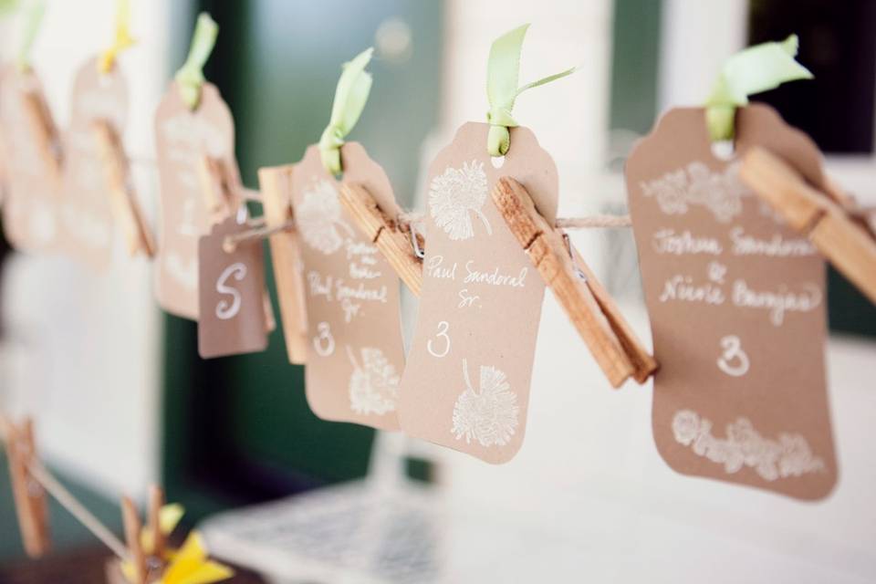 Name cards adorned the porch with a twine line pinned w/ cinnamon clothes line pins in alphabetic order by guests name...