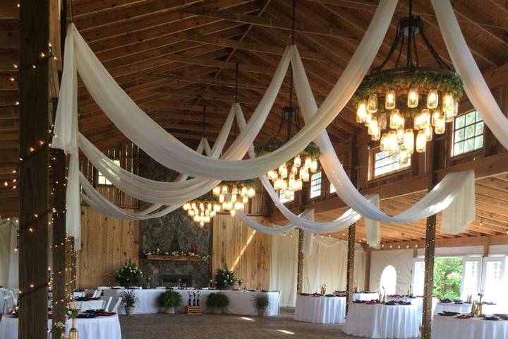 Elegant drapes and chandeliers
