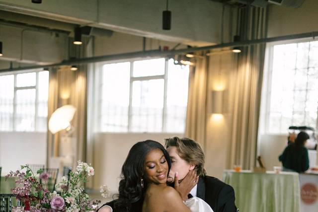 Bride and groom embracing