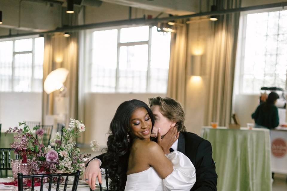 Bride and groom embracing