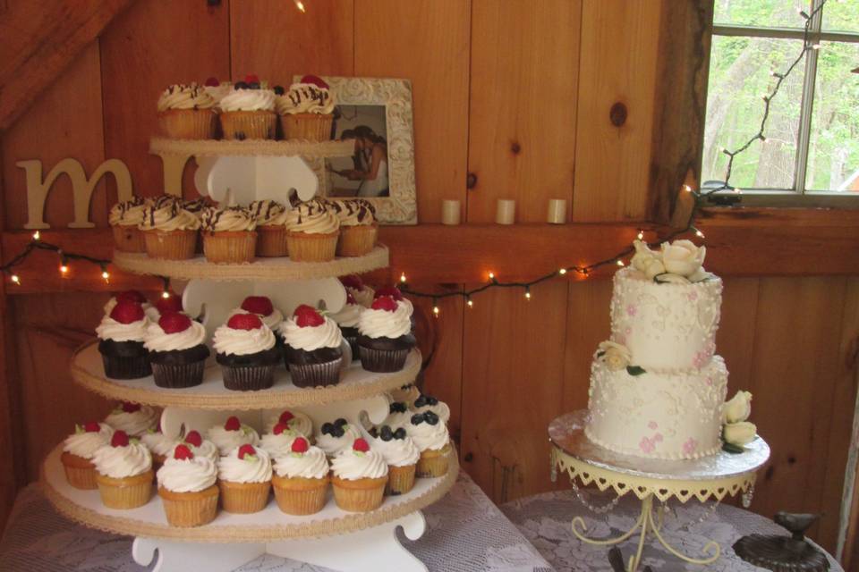 Wedding cake and cupcake tower