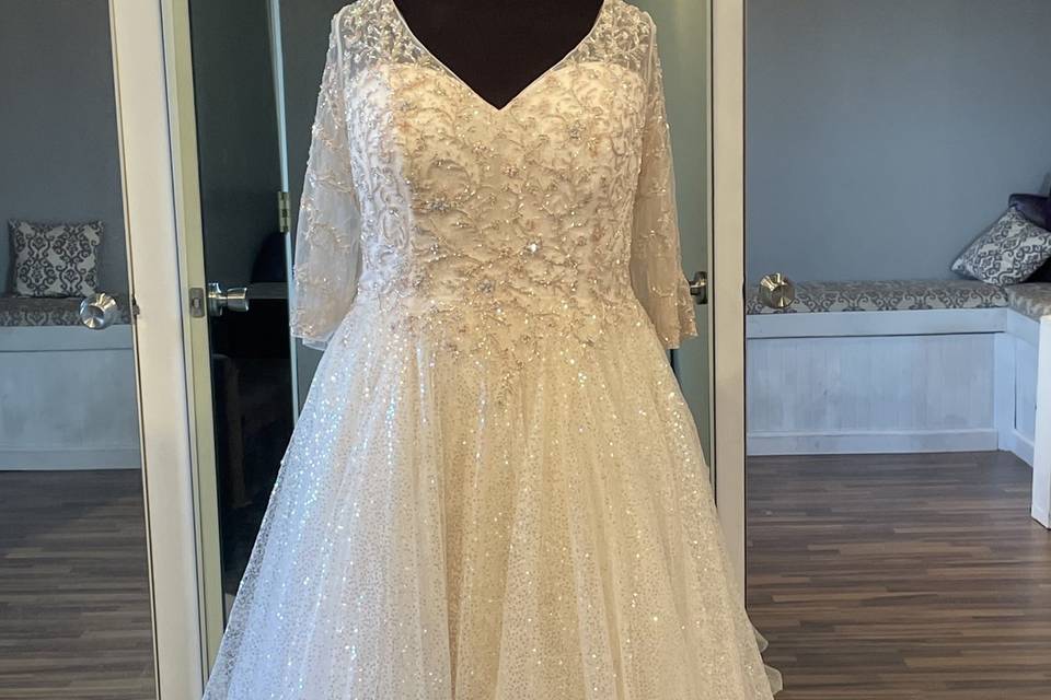 Plus-size gown, beaded sleeves