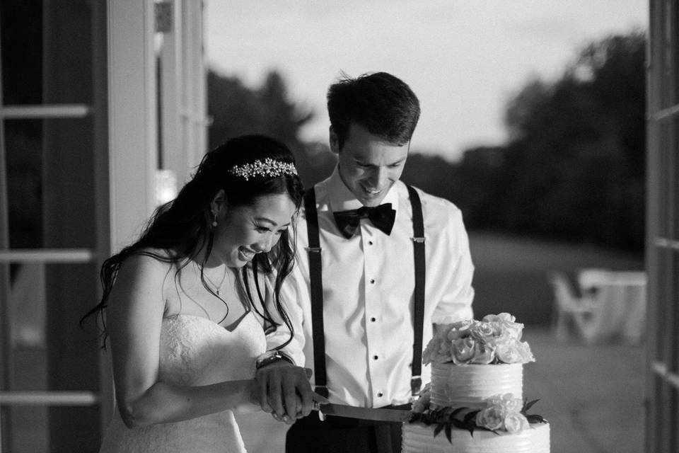 Newlyweds cutting the cake