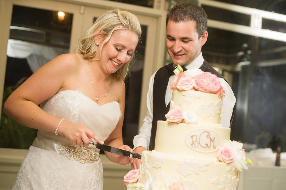 Bride cutting the cake