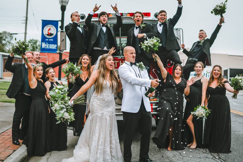 Wedding Party on a fire truck