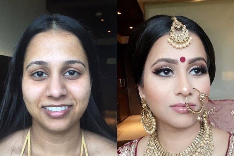 Before and after makeup look for the bride