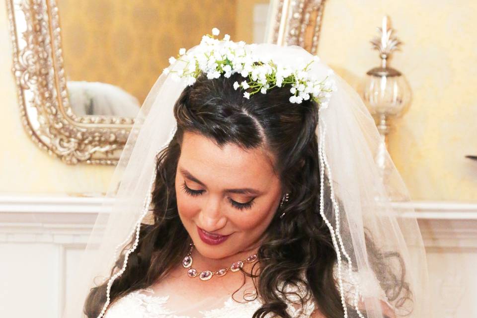 With her bouquet