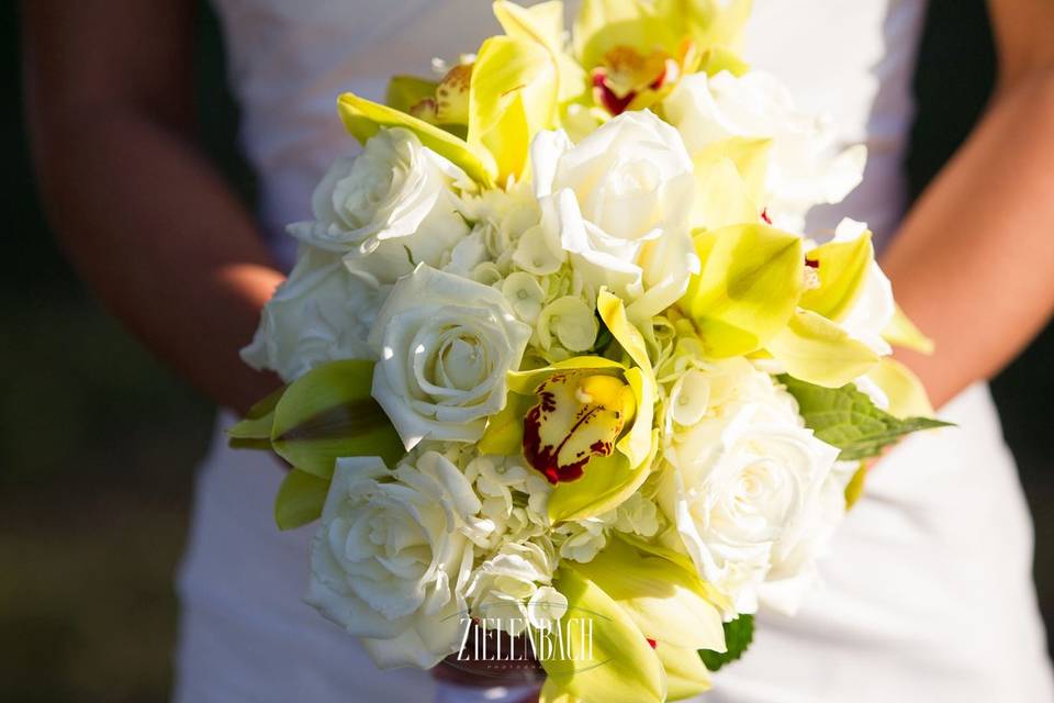 Bridal Bouquet with green cymbidium orchids, white roses and hydrangeas.