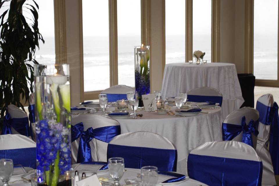 Submerged calla lilies & delphinium at the Lodge & Club at Ponte Vedra Beach. Floral centerpieces