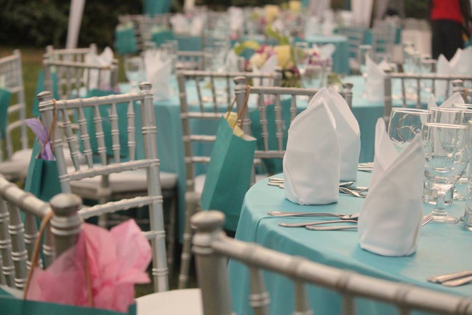 Decor options silver chiavarri chairs and seafoam tablecover