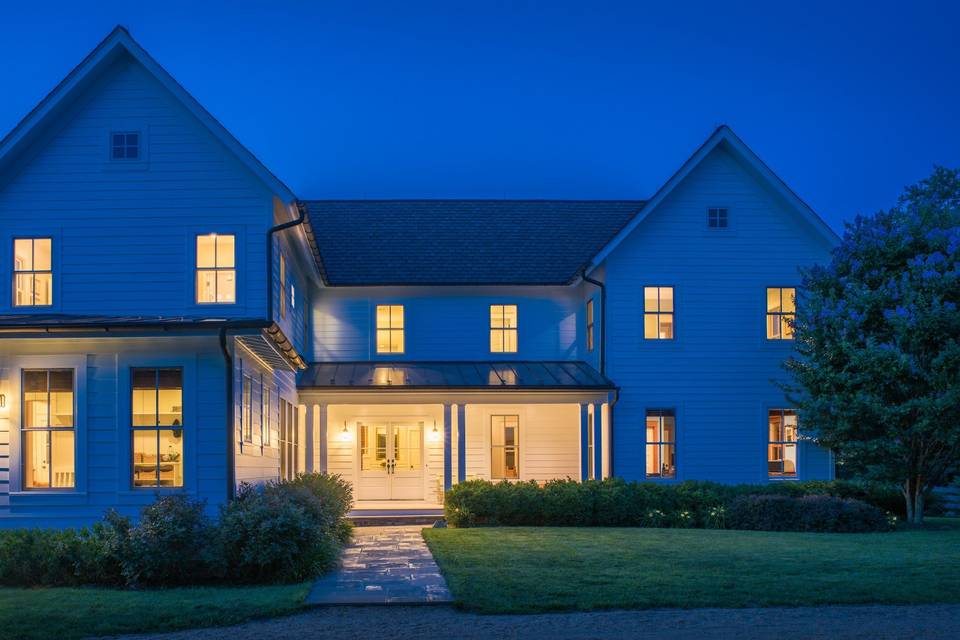 Front of farmhouse at dusk