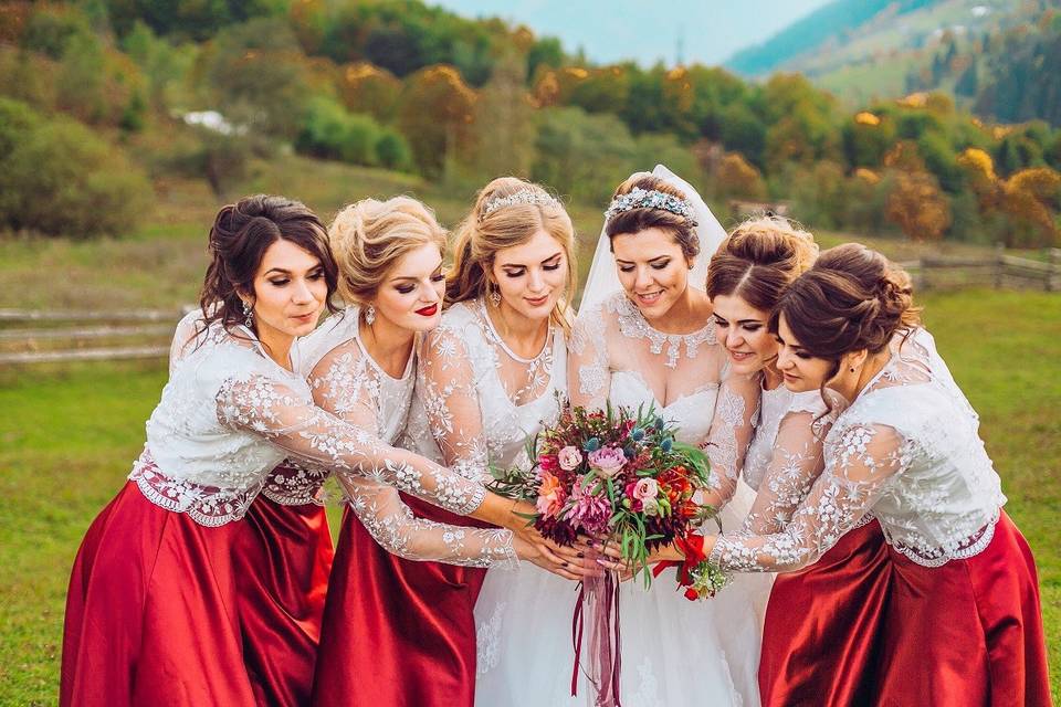 Bride and bridesmaids in lace