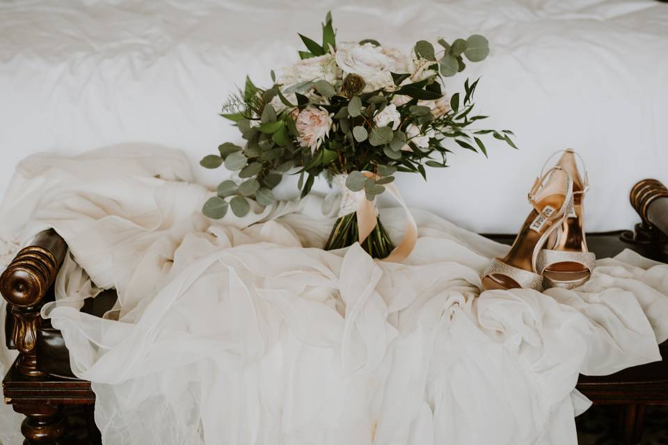 Wedding dress, bouquet and heels