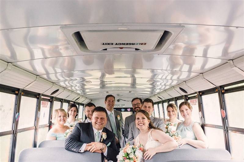 Wedding party inside the bus
