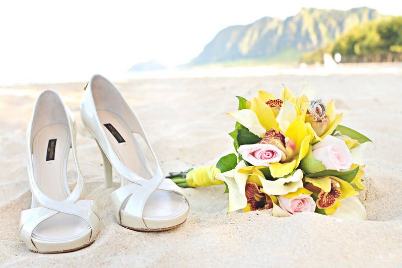 Bride's shoes and bouquet